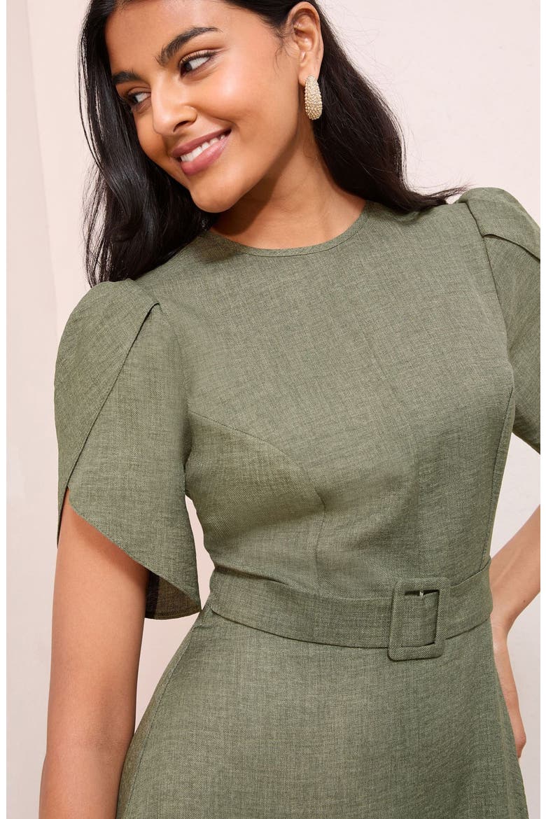 Petal Sleeve Midi Dress, Alternate, color, KHAKI GREEN