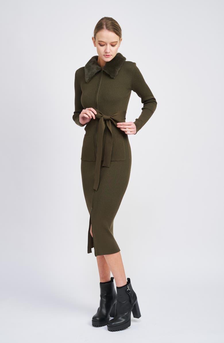 En Saison Long Sleeve Belted Midi Dress with Faux Fur Collar, Alternate, color,