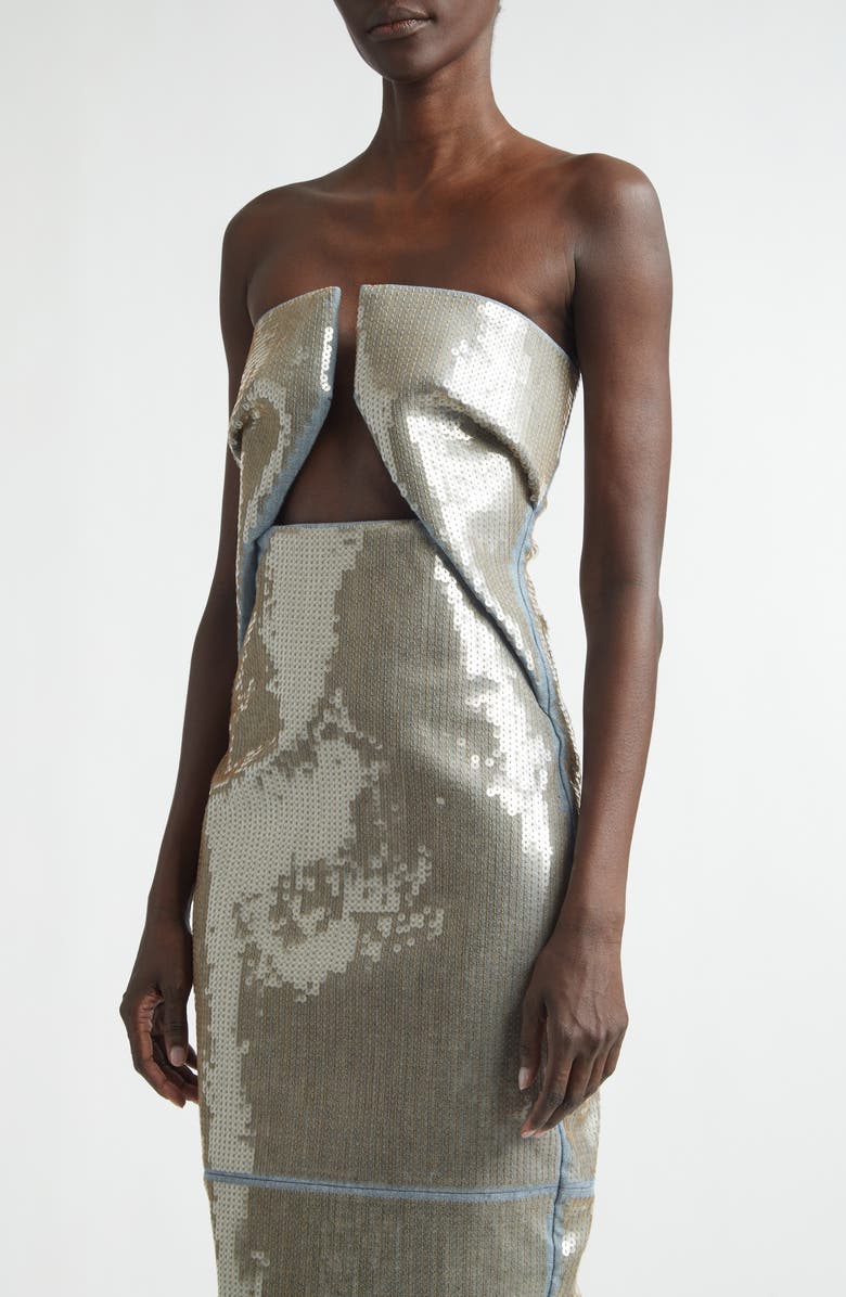 Rick Owens Temple Prong Sequin Stretch Denim Cutout Strapless Gown, Alternate, color, Blue/ Sand
