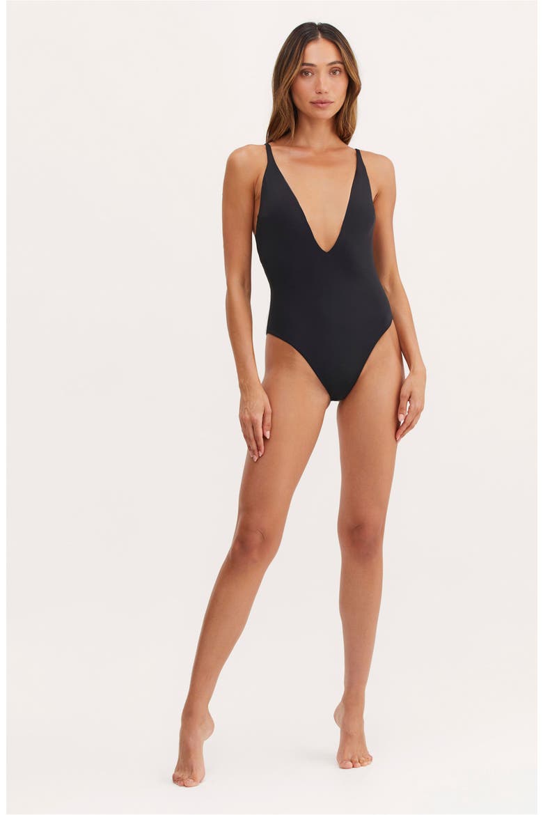 Timeless Chic Aria Deep Plunge Open Back One Piece, Main, color, Black