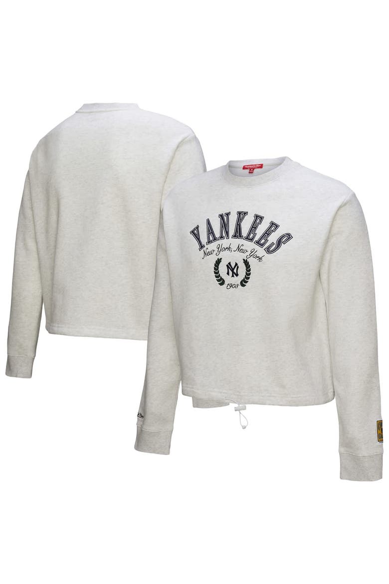 Women's Mitchell & Ness Heather Gray New York Yankees Cropped Toggle Pullover Sweatshirt, Main, color, Heather Gray