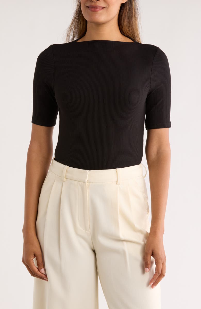 NORDSTROM RACK Boat Neck Ribbed T-Shirt, Main, color, Black