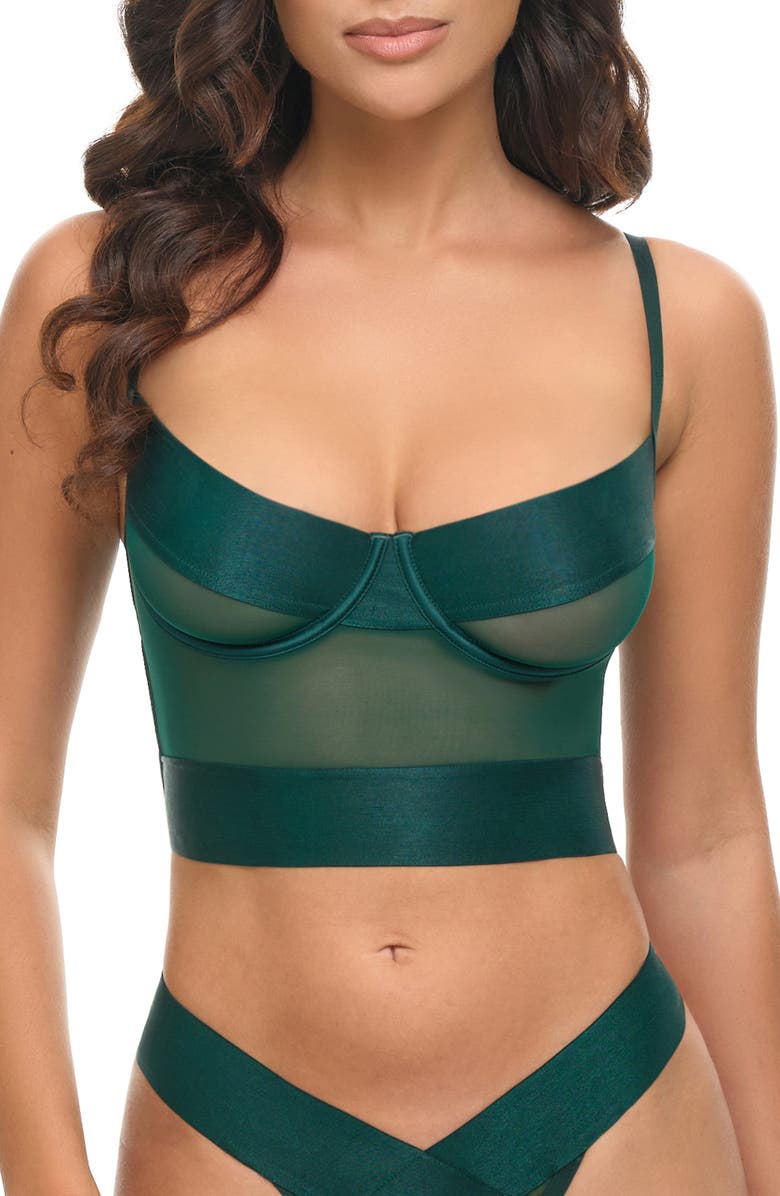 Oh La La Cheri Gia Strappy Mesh Underwire Corset & Thong Set, Main, color, Rain Forest