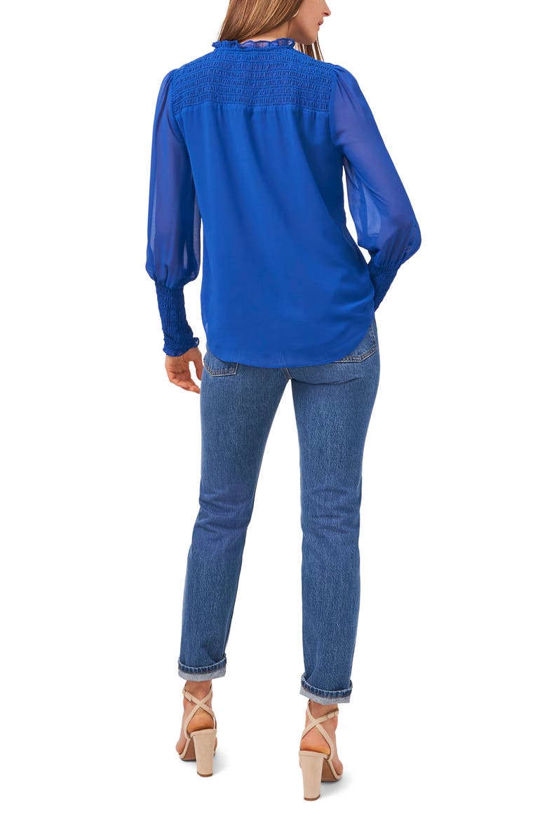 Leopard Print Shirred Tie Neck Blouse, Alternate, color, COBALT SEA