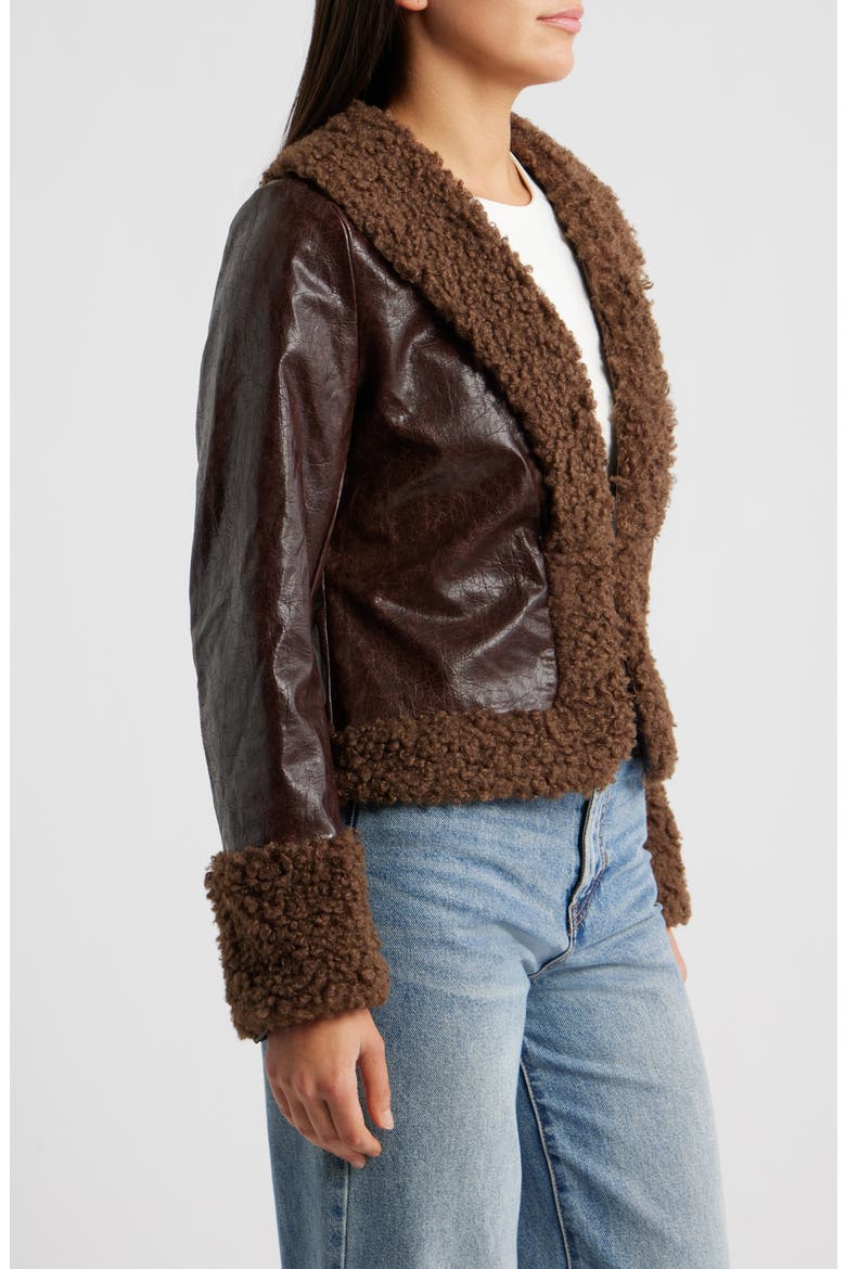 Found A Reason Faux Leather & Faux Shearling Trim Crop Jacket, Alternate, color, BROWN