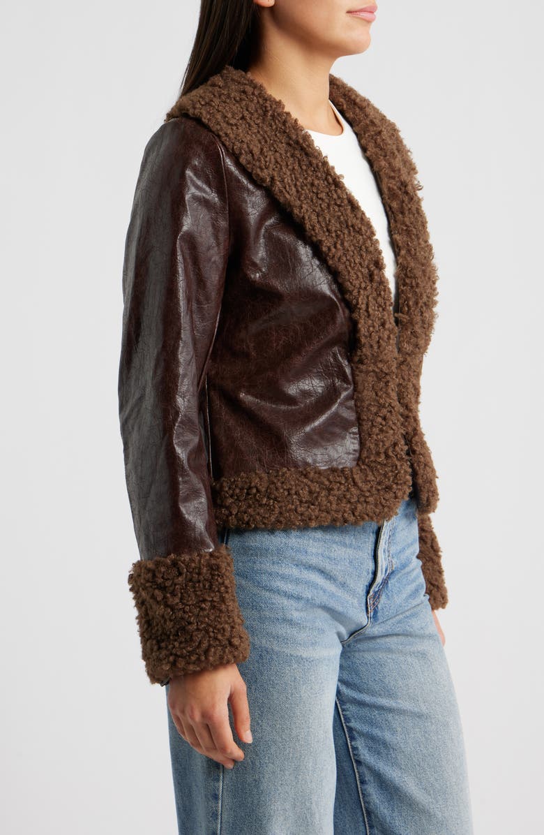 Princess Polly Found A Reason Faux Leather & Faux Shearling Trim Crop Jacket, Alternate, color, Brown