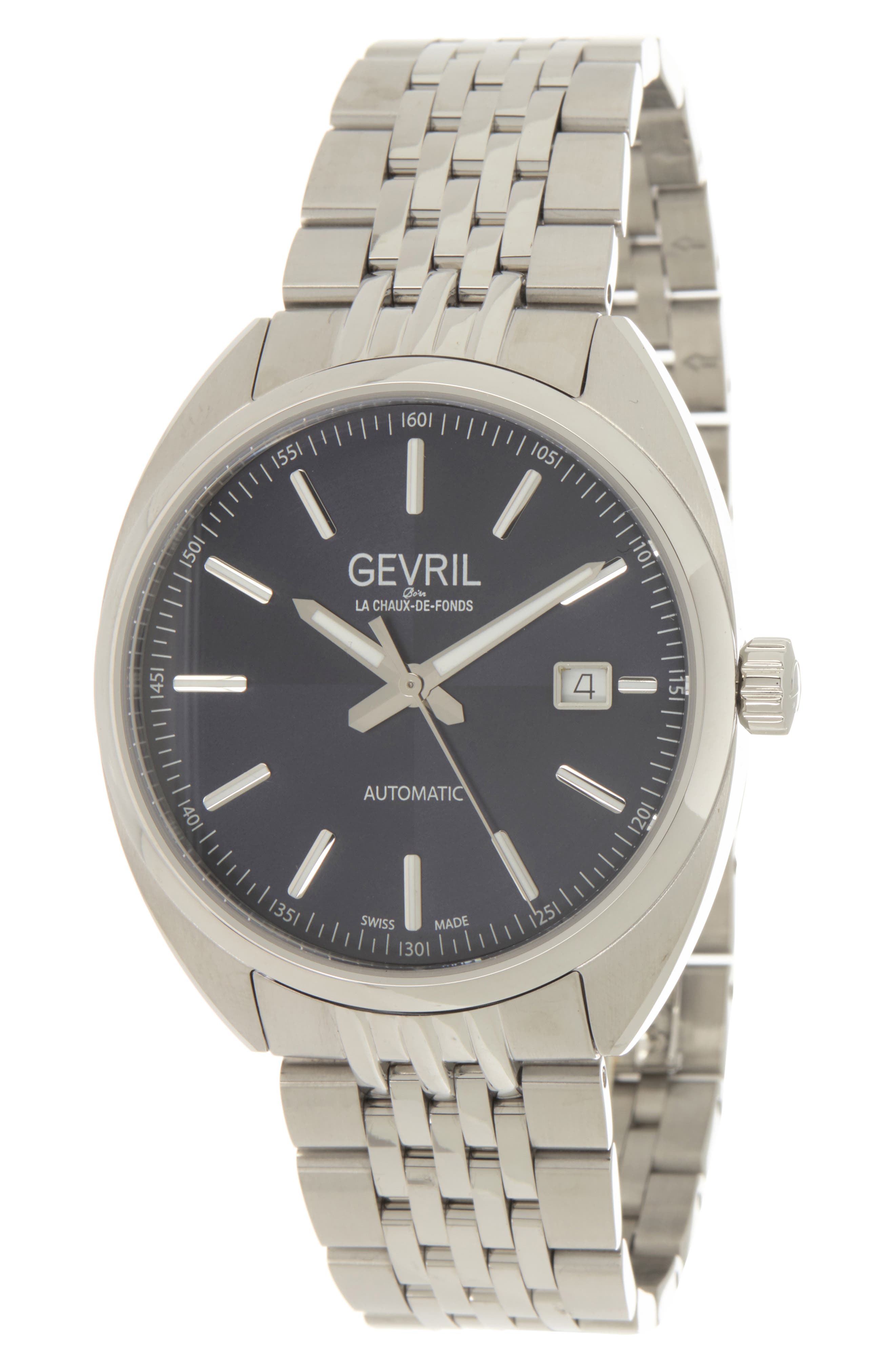 GEVRIL Men's Five Points Blue Dial Stainless Steel Watch, 44.5 mm