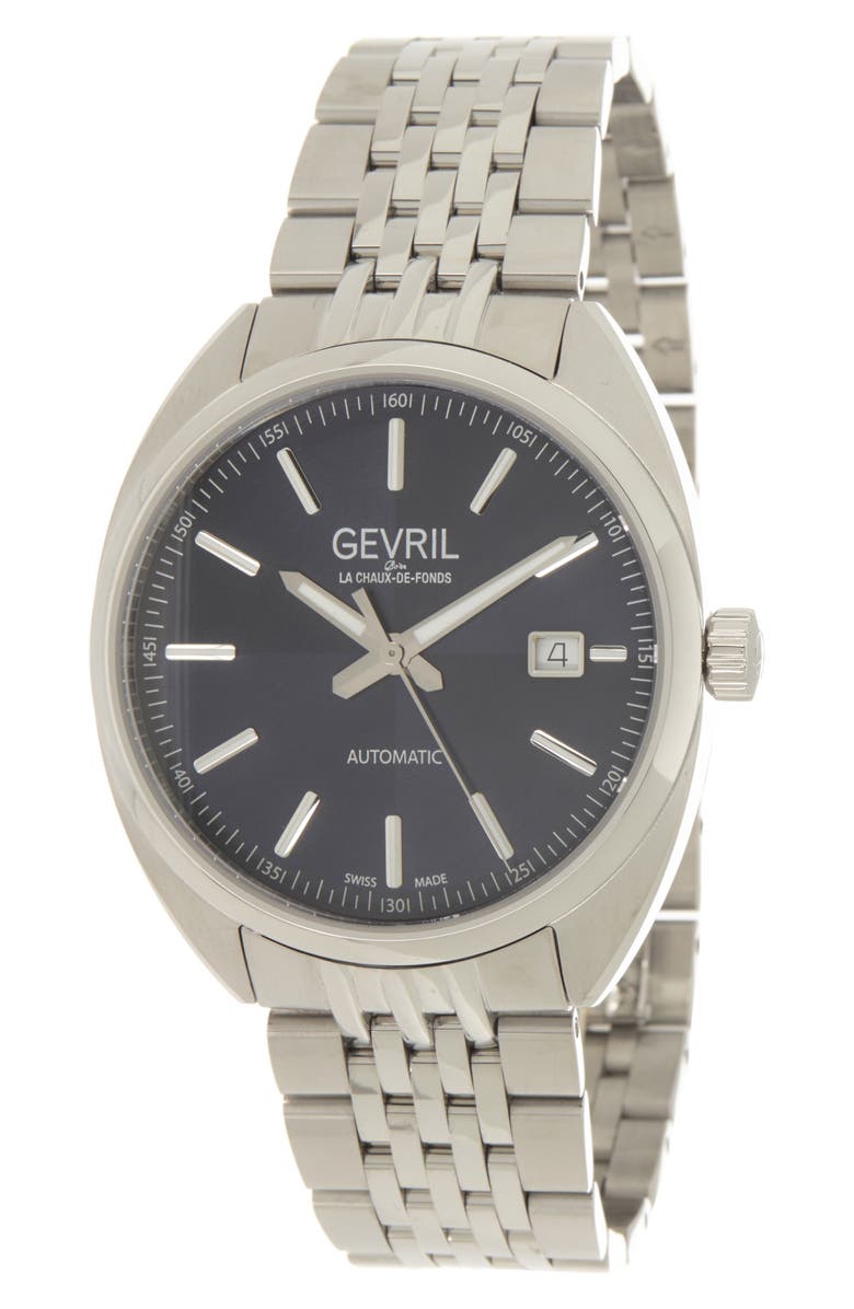 GEVRIL Men's Five Points Blue Dial Stainless Steel Watch, 44.5 mm, Main, color, Stainless Steel