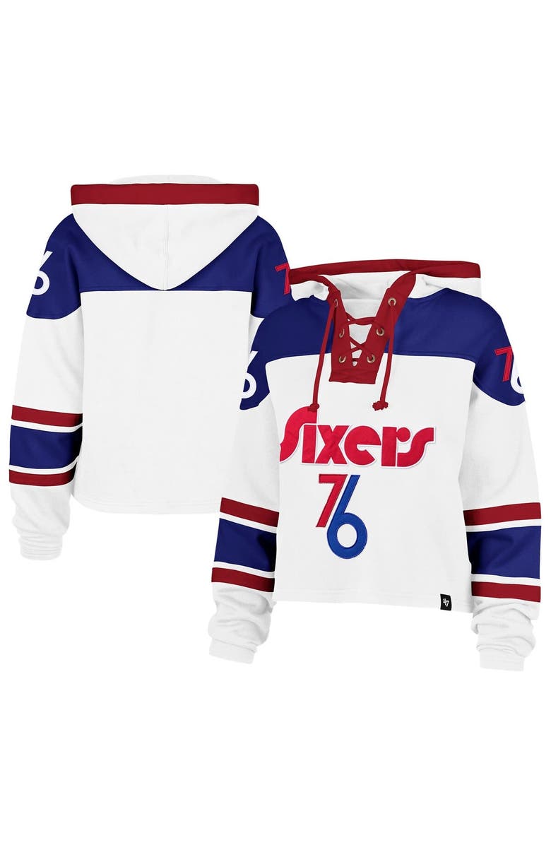 '47 Women's '47 White Philadelphia 76ers 2024/25 City Edition Superior Cropped Lace-Up Pullover Hoodie, Main, color, 