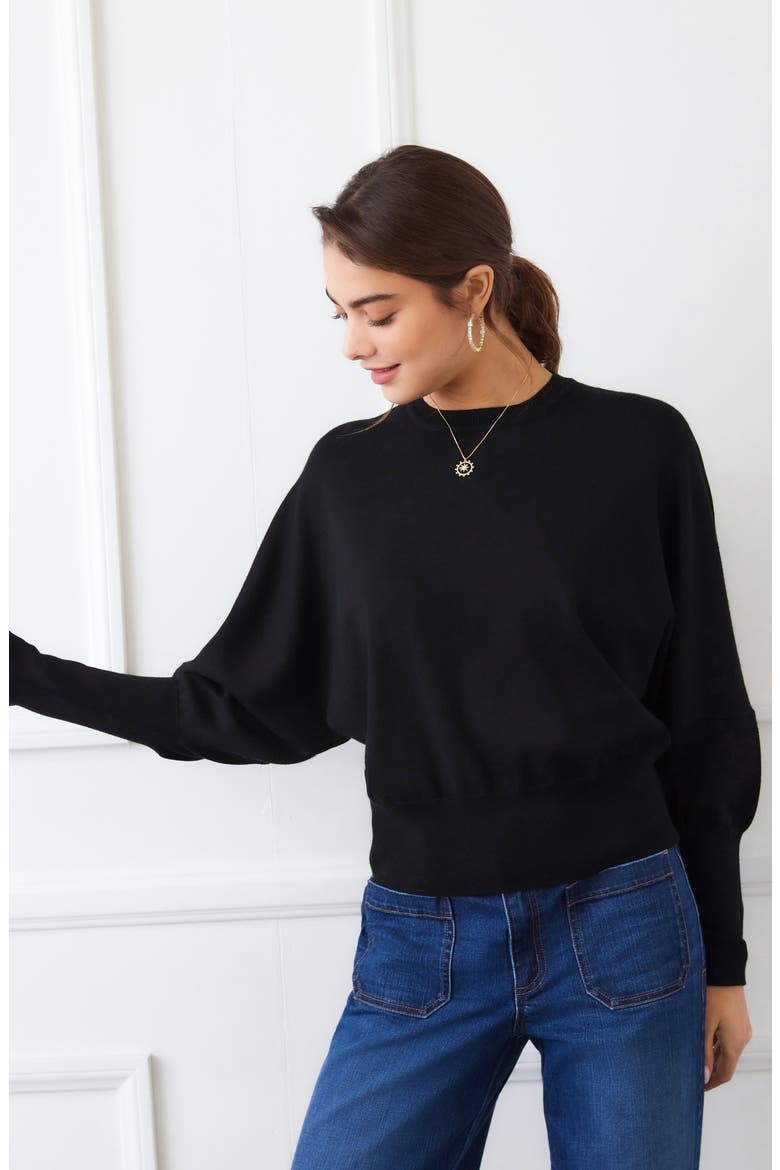 Dolman Sleeve Crewneck Sweater, Alternate, color, BLACK