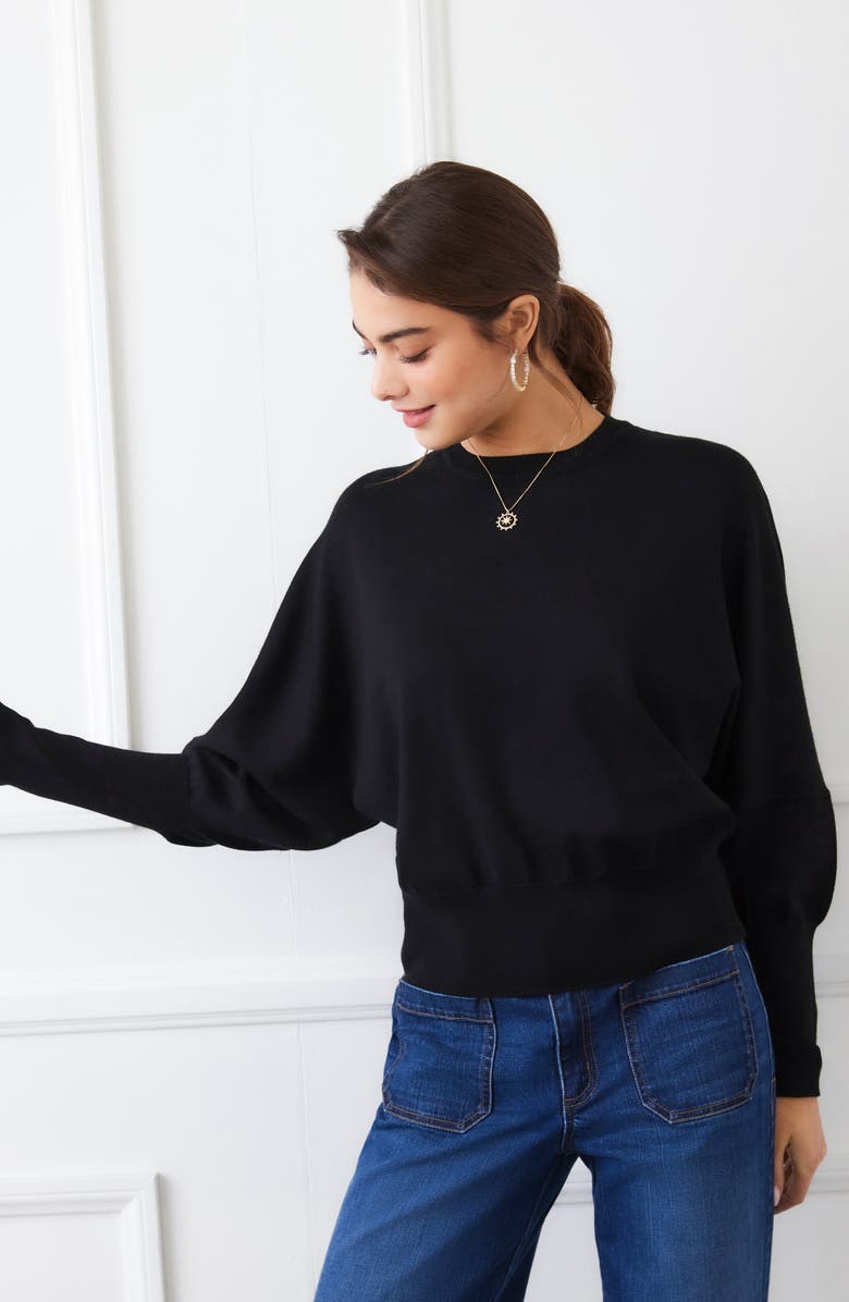 Karen Kane Dolman Sleeve Crewneck Sweater, Alternate, color, Black