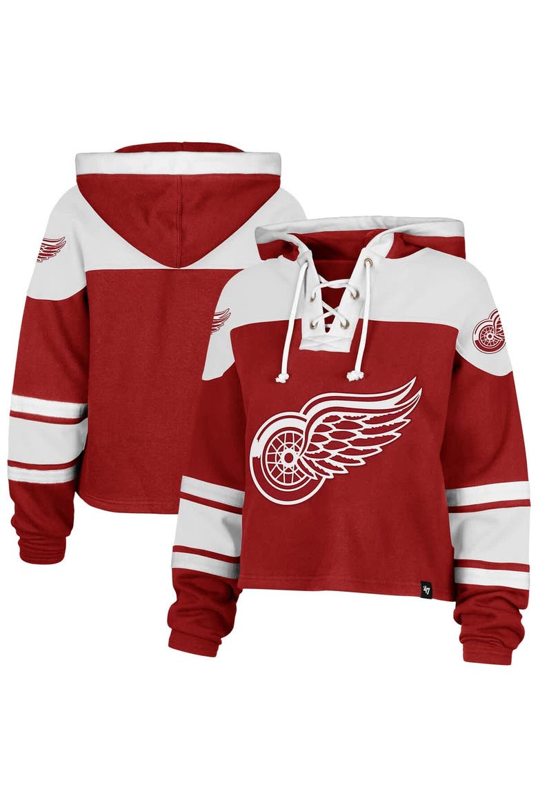Women's '47 Red Detroit Red Wings Cropped Superior Lacer Pullover Hoodie, Main, color, Red
