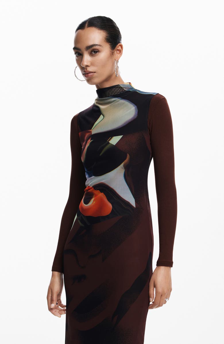 Desigual Lincoln Long Sleeve Rib Body-Con Dress & Sleeveless Mesh Dress Set, Alternate, color, Mix