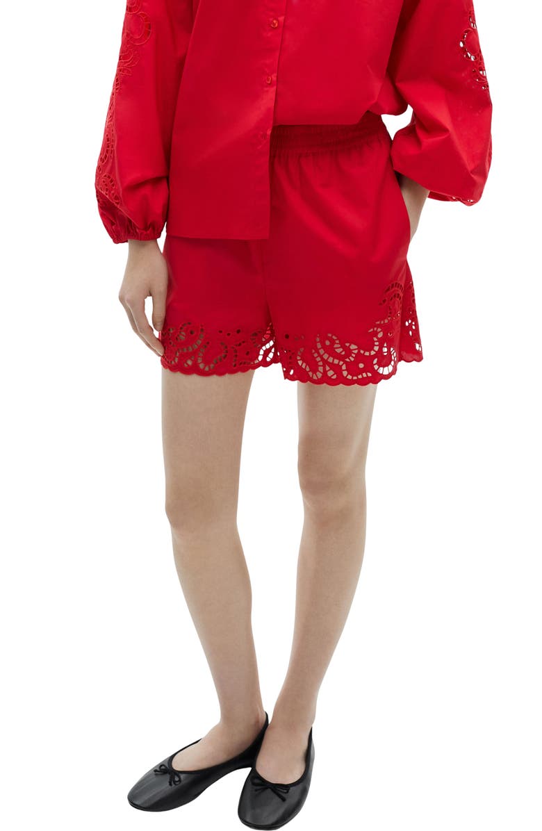 MANGO Eyelet Embroidered Cotton Blend Shorts, Main, color, 