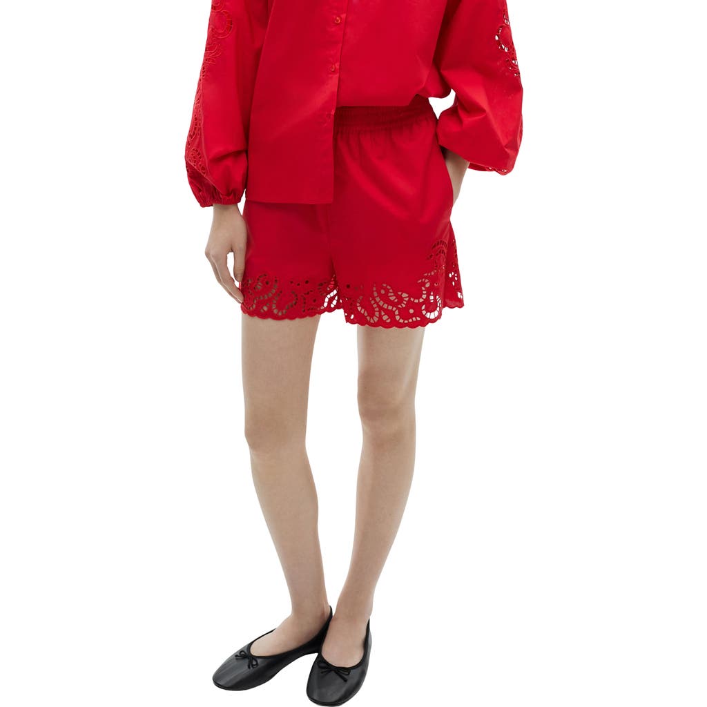 Shop Mango Eyelet Embroidered Cotton Blend Shorts In Red