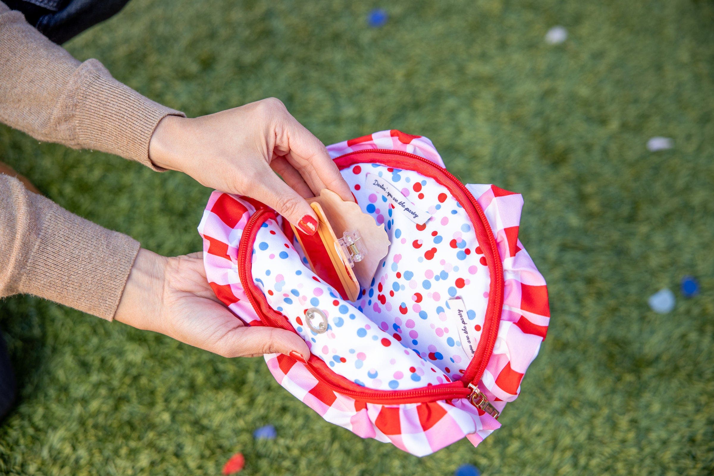 Picnic-Core Red and White Gingham Ruffled Clutch - 8.25x5.25 Inch Check Print Pouch with Ruffle Trim and Poly Lining for Parties and Gifting, Alternate, color, Multicolor