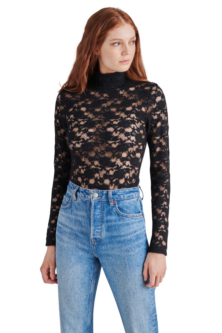 Cassi Lace Long Sleeve Bodysuit, Alternate, color, BLACK