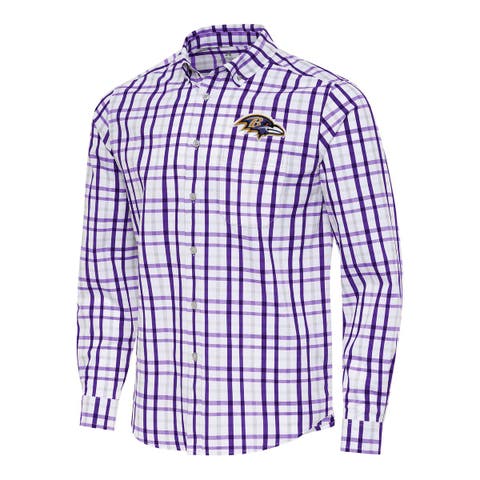 Men's Antigua Purple/Gray Baltimore Ravens Tending Woven Tri-Blend Long Sleeve Button-Down Shirt