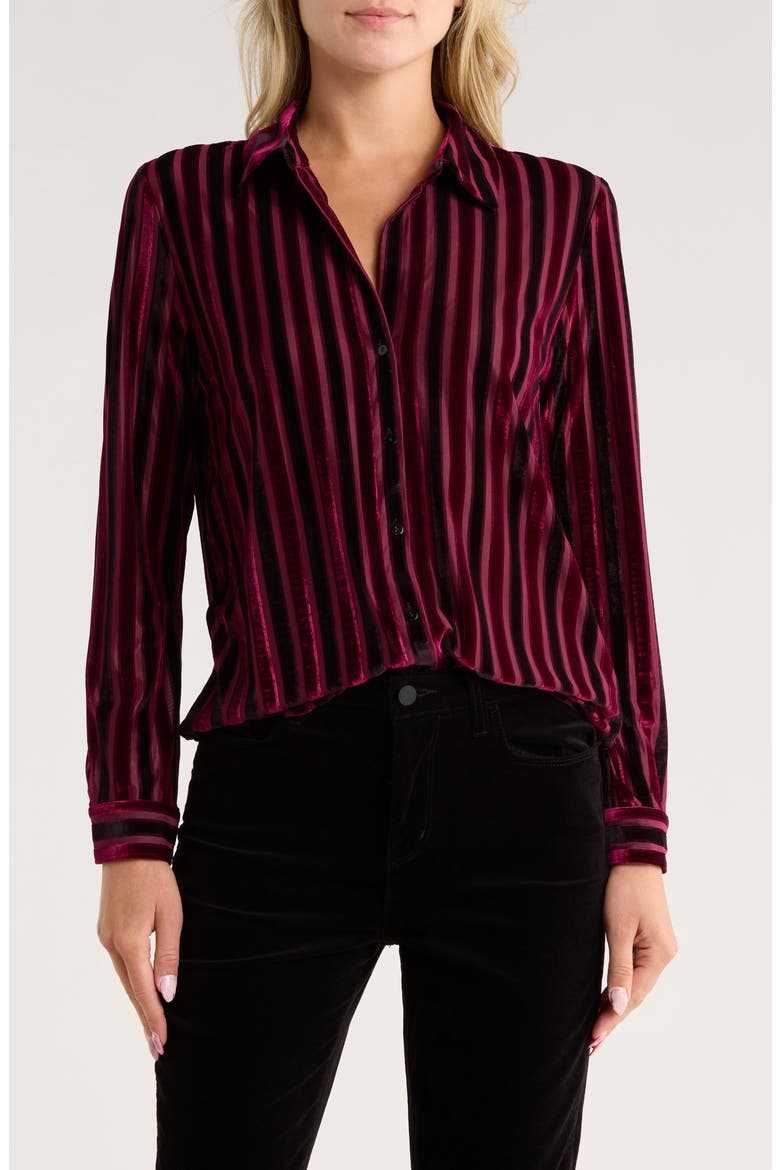 Laurent Velvet Stripe Button-Up Blouse, Main, color, DEEP BURGUNDY/BLACK STRIPE