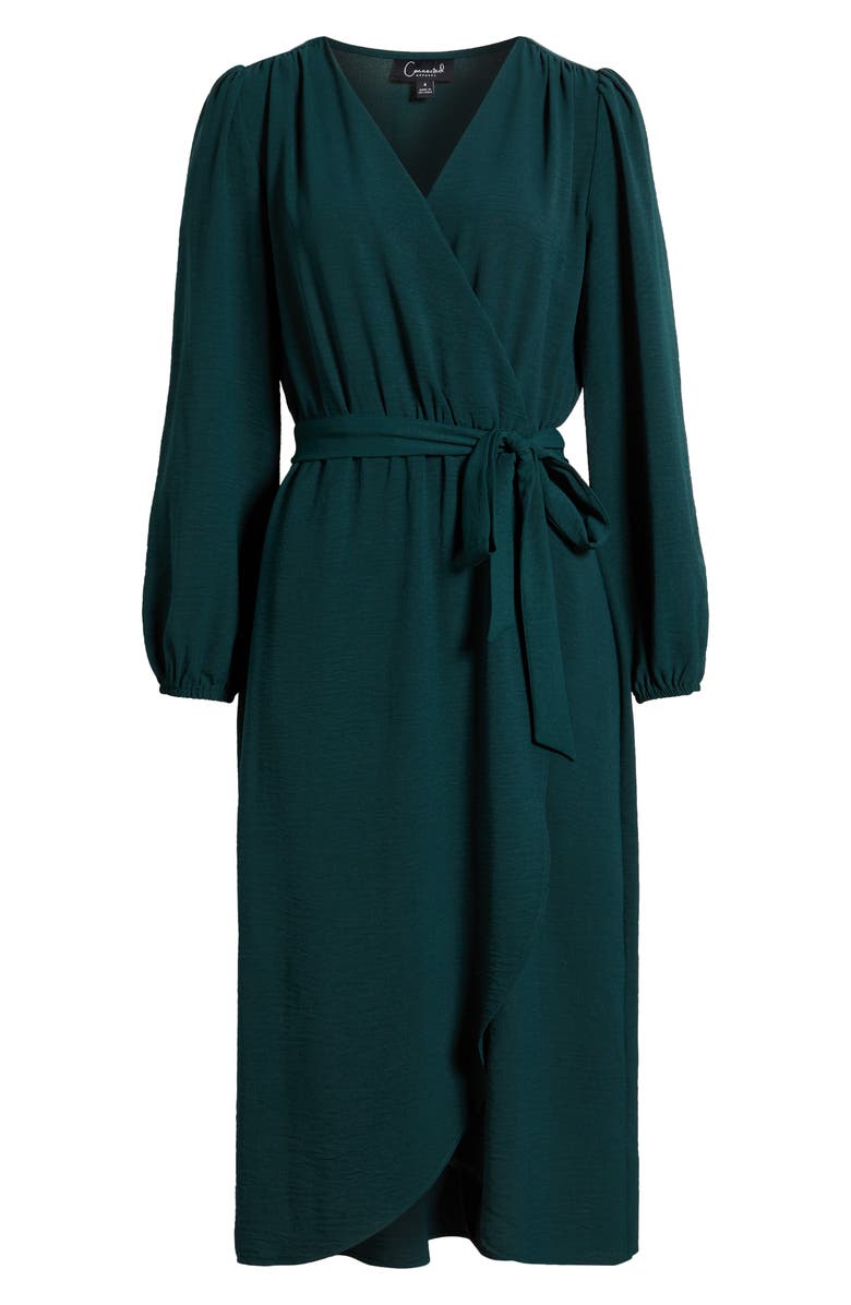 Connected Apparel Long Sleeve Faux Wrap Midi Dress, Alternate, color, Pine