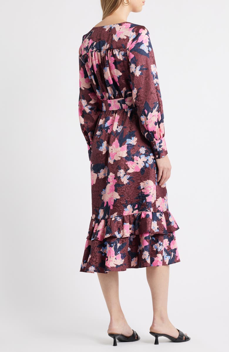 Caslon<sup>®</sup> Ruffle Tie Waist Long Sleeve Midi Dress, Alternate, color, Burgundy- Blue Georgia Blooms