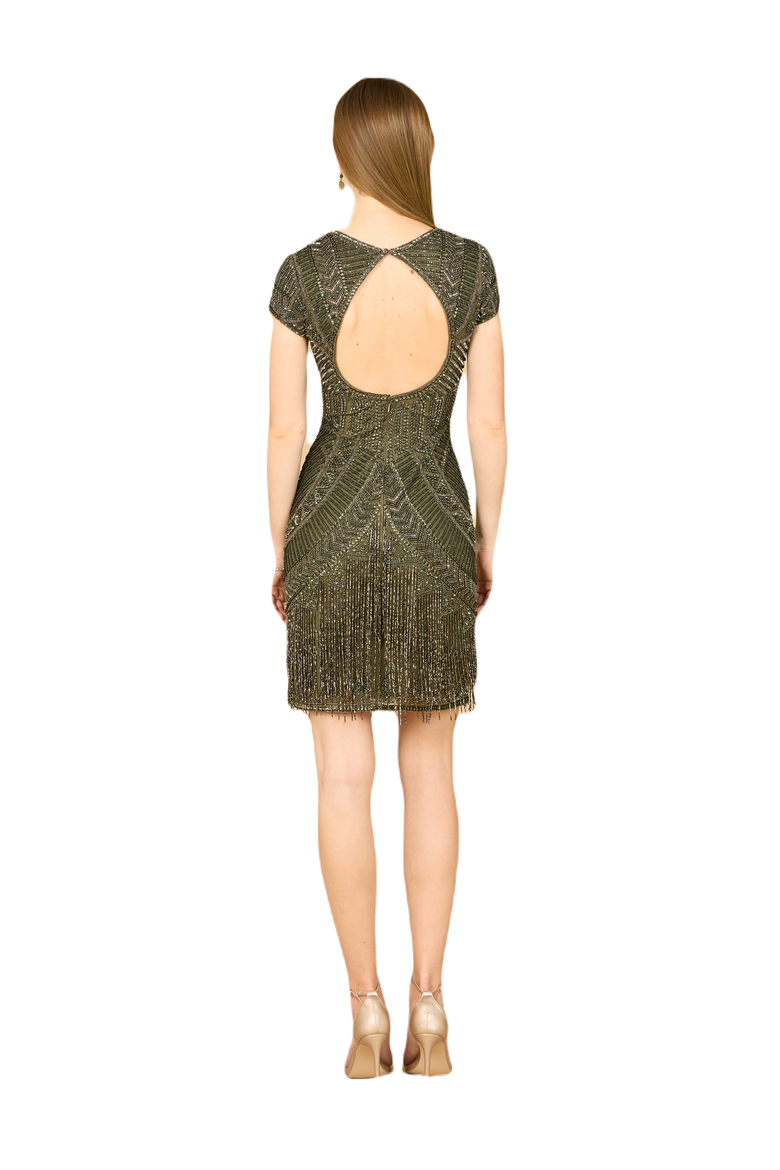 Brooklyn Beaded Fitted Short Dress with Open Back, Alternate, color, Olive