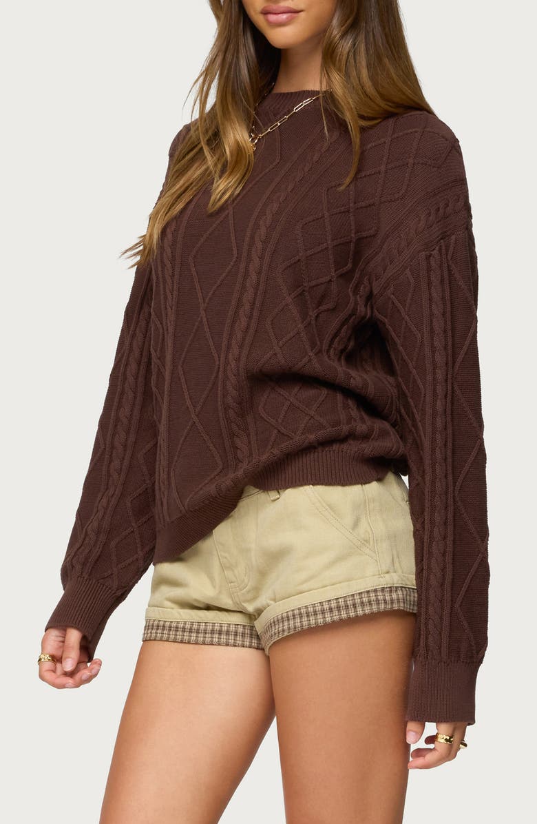 EDIKTED Jessy Oversize Cable Stitch Cotton Sweater, Alternate, color, Brown