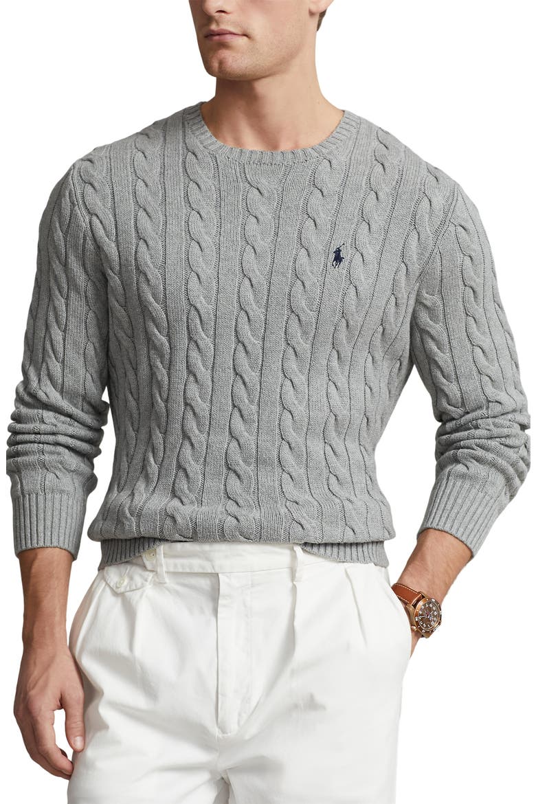 Cable Knit Cotton Crewneck Sweater, Main, color, GREY