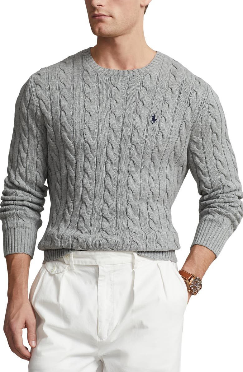 Polo Ralph Lauren Cable Knit Cotton Crewneck Sweater, Main, color, Fawn Grey Heather