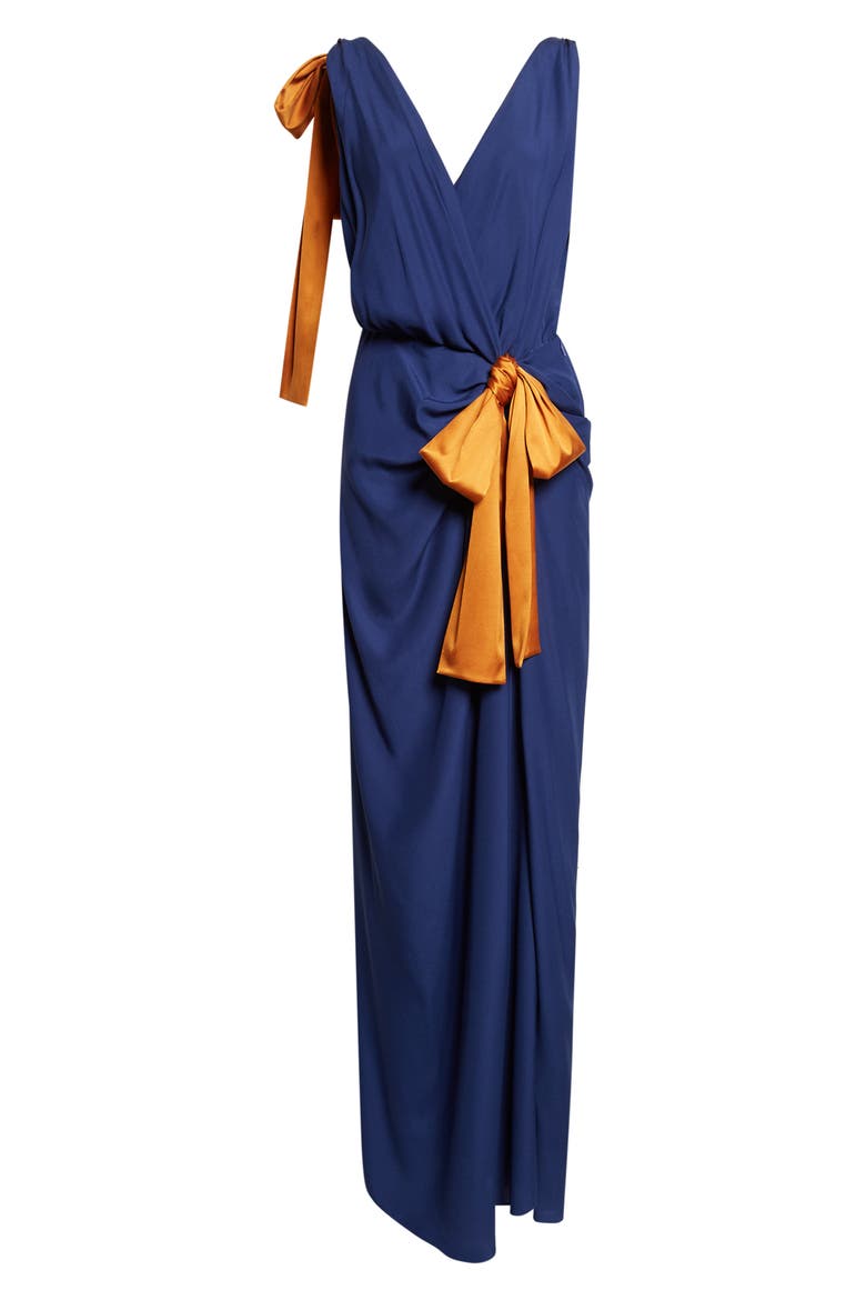 Bow Detail Silk Satin Wrap Maxi Dress, Alternate, color, INDIGO