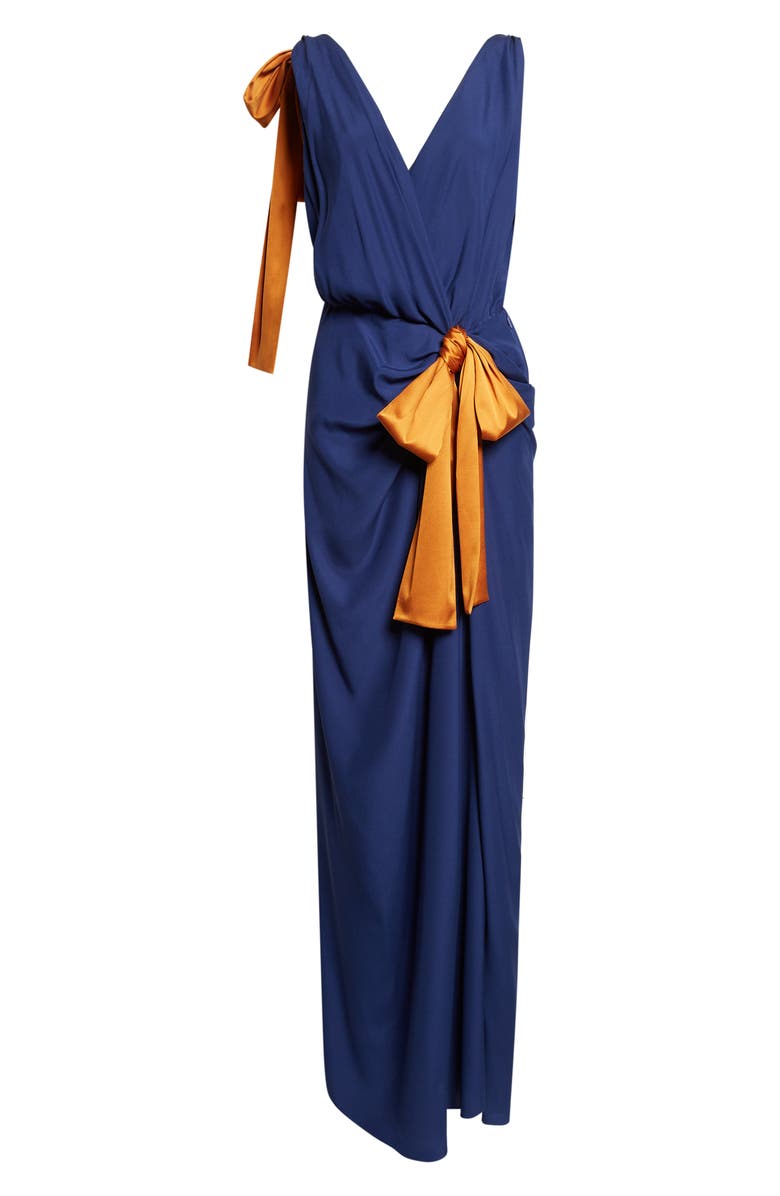 Saint Laurent Bow Detail Silk Satin Wrap Maxi Dress, Main, color, Indigo