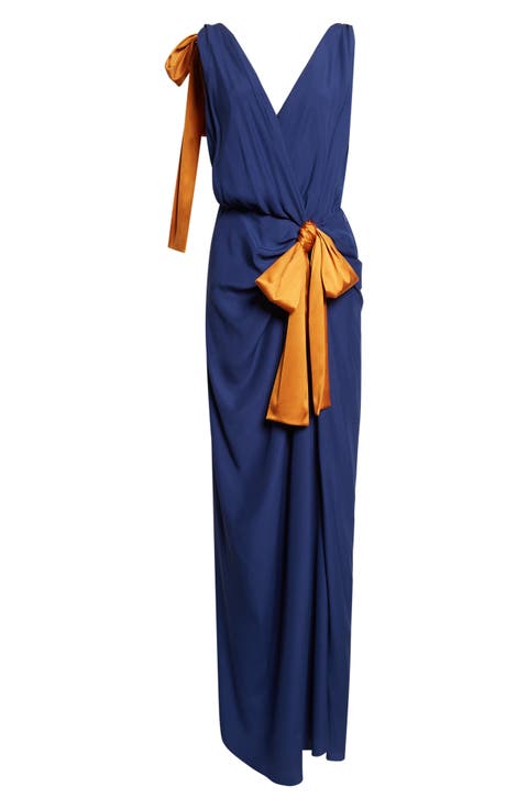 Bow Detail Silk Satin Wrap Maxi Dress