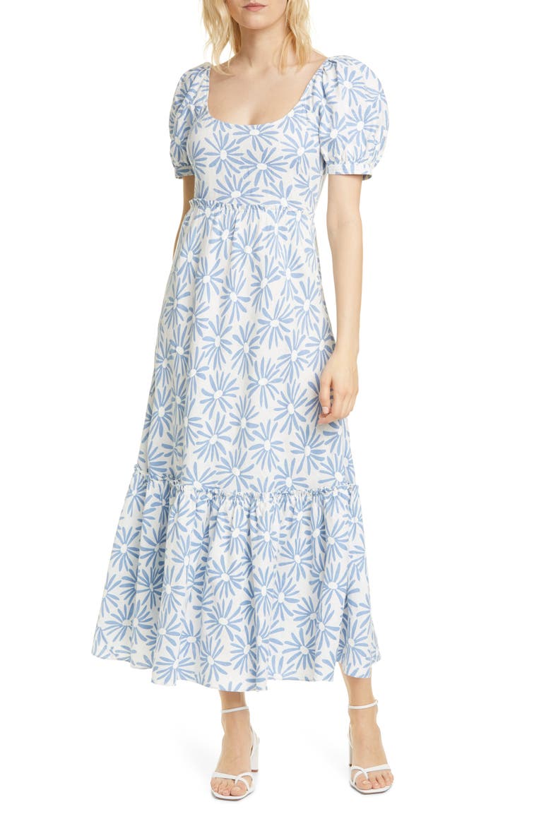 Kai Linen Midi Dress, Main, color, BLUE DAISY FLORAL