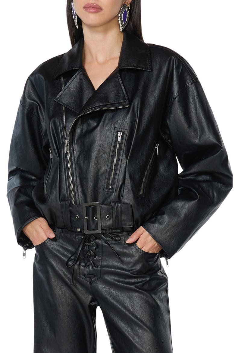 Belted Faux Leather Bubble Jacket, Main, color, NOIR