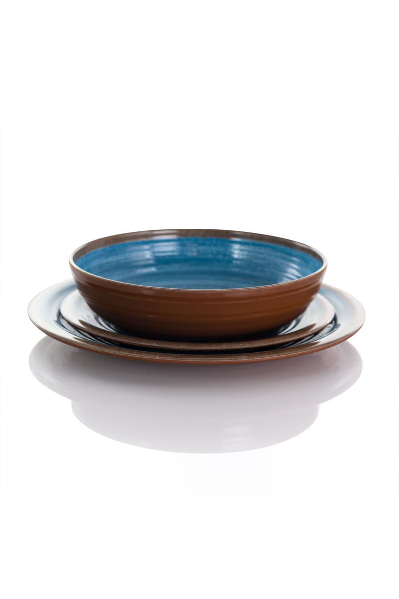 Rippled Tides 12 Piece Lightweight Melamine Dinnerware Set, Alternate, color, Blue