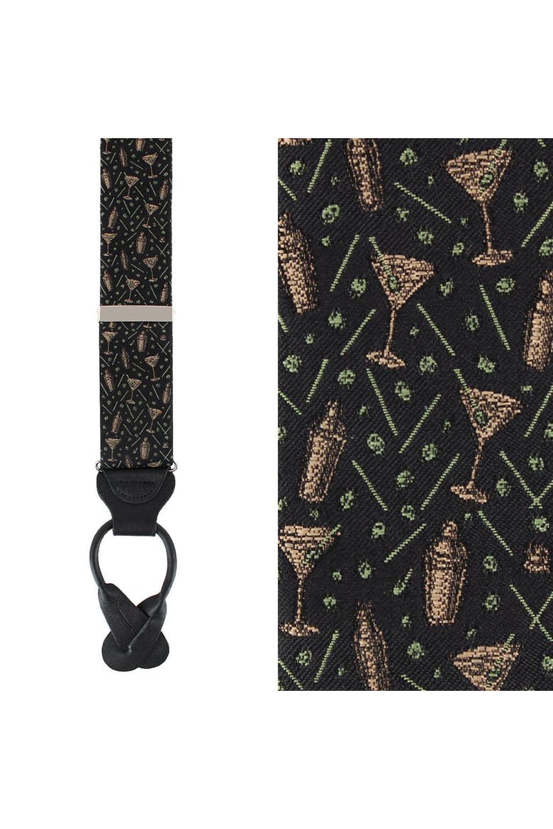 Happy Hour Martini Fun Novelty Silk Button End Suspenders, Main, color, Black