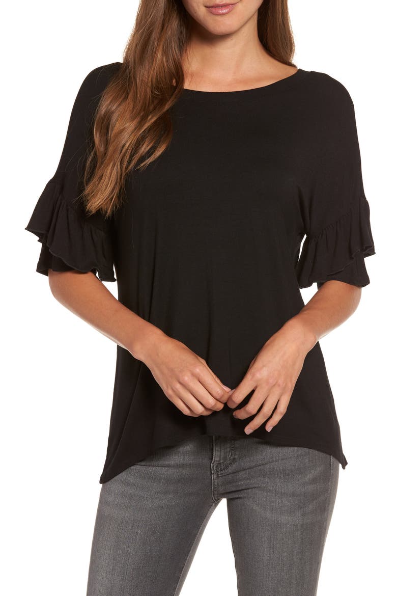 Ruffle Sleeve Tee, Main, color, BLACK