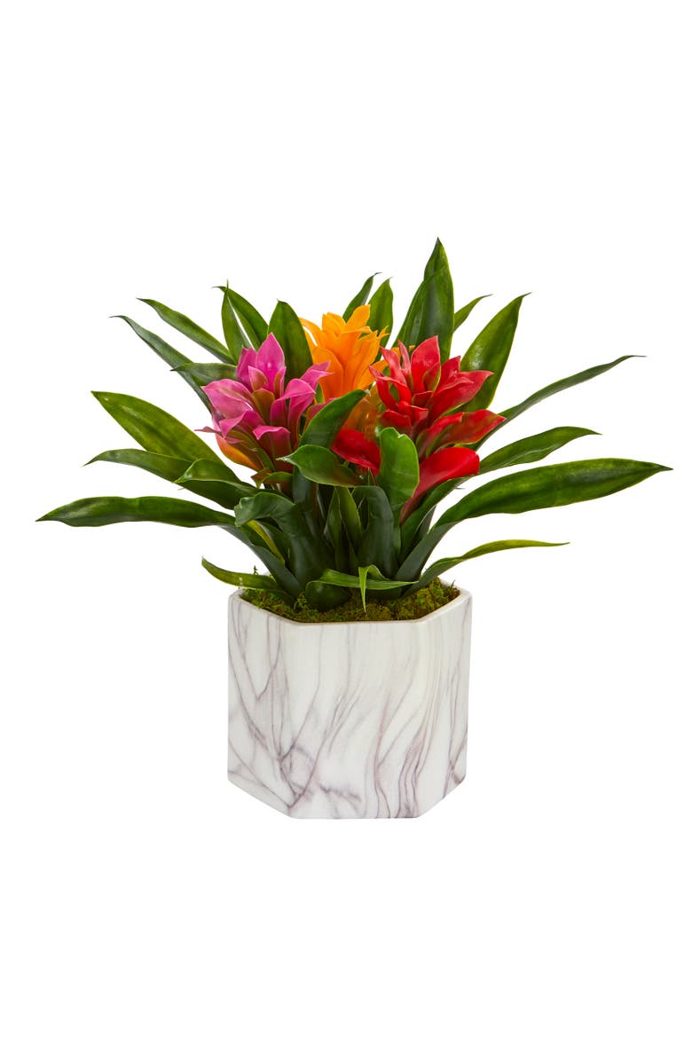 NEARLY NATURAL Bromeliad Artificial Plant in Marble Finished Vase, Main, color, Assorted