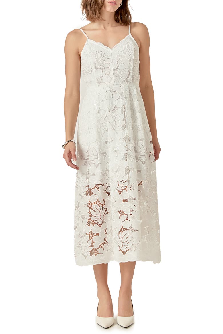 Sequin & Lace Midi Dress, Main, color, WHITE