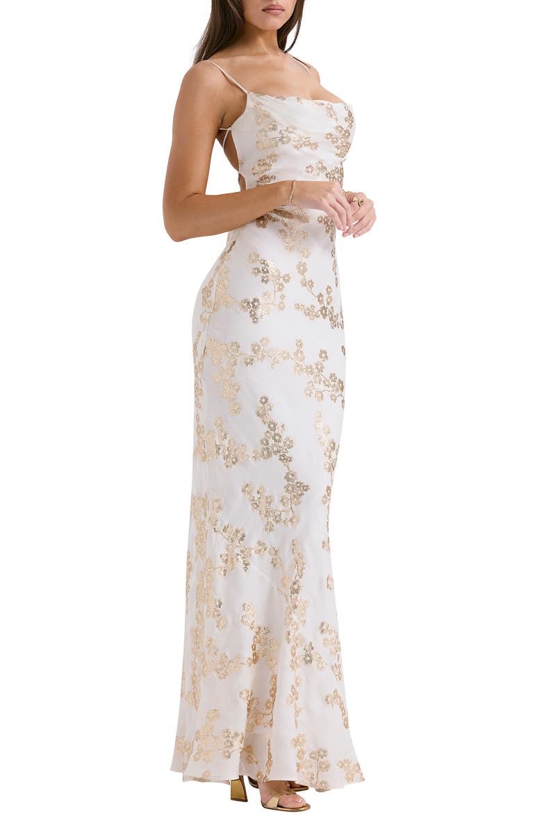 Caprina Embroidered Floral Trumpet Gown, Alternate, color, WHITE GOLD