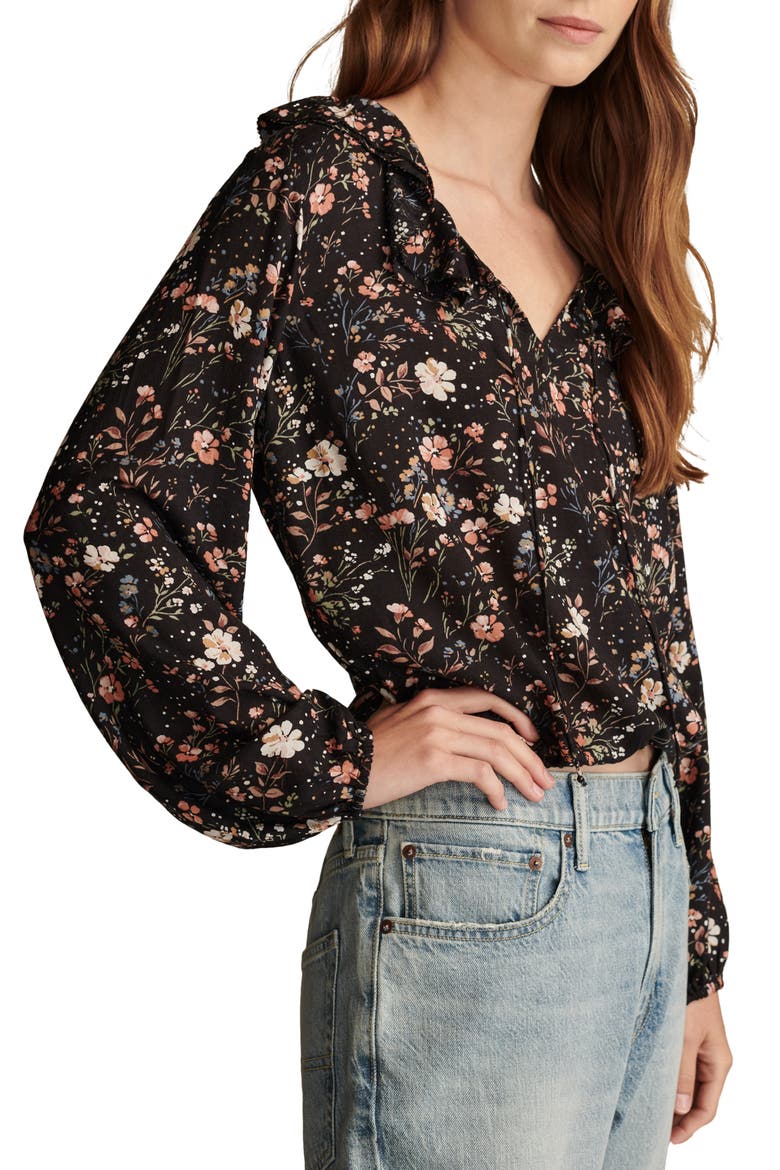 Floral Print Ruffle Tie Neck Top, Alternate, color, BLACK FLORAL