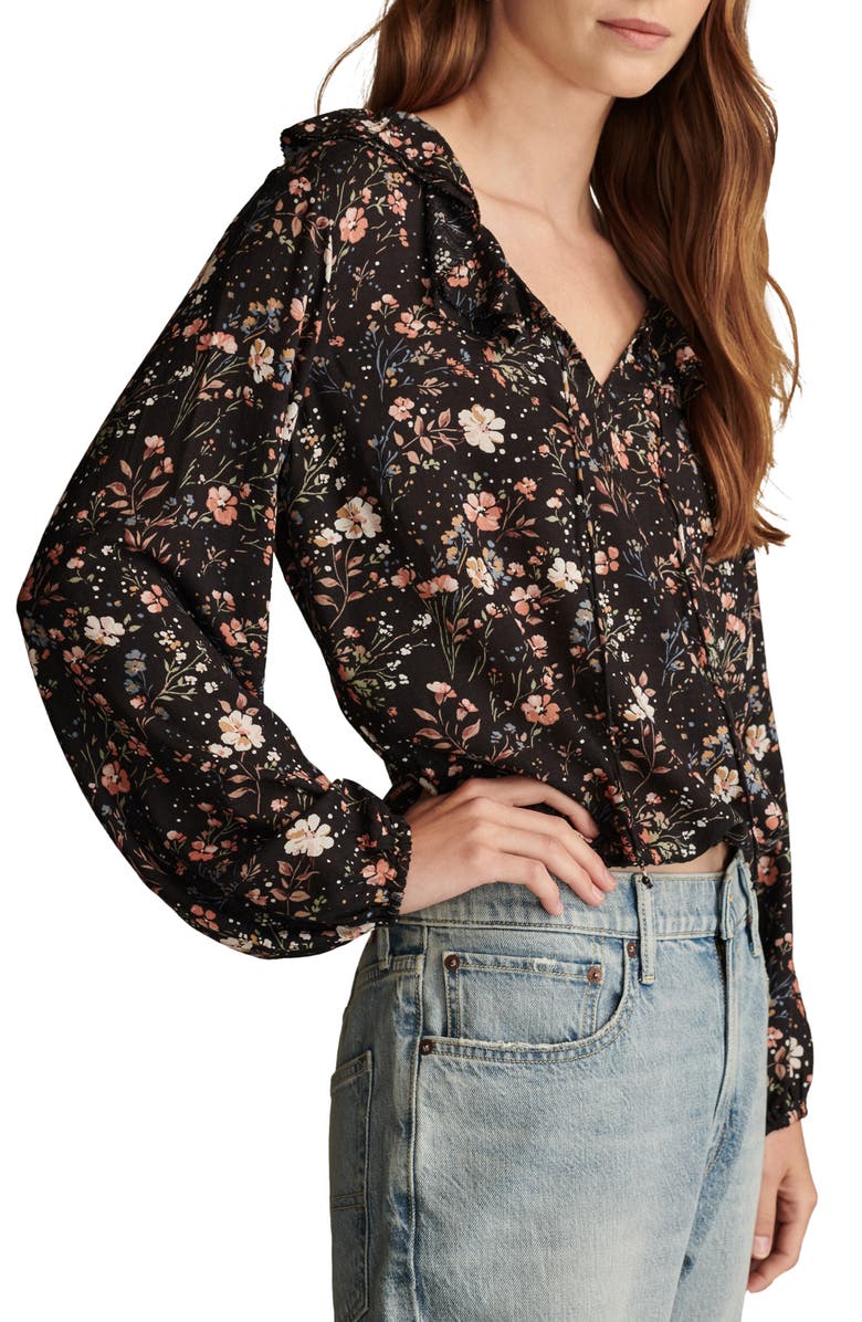 Lucky Brand Floral Print Ruffle Tie Neck Top, Alternate, color,
