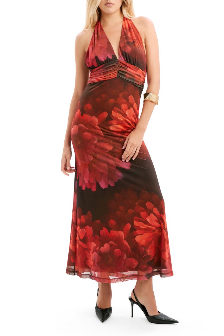 Elera Print Halter Mesh Maxi Dress, Main, color, RED FLORAL