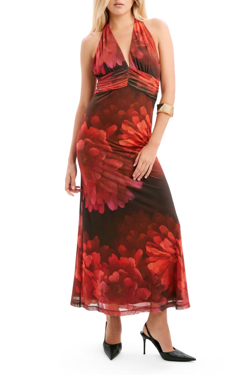 Bardot Elera Print Halter Mesh Maxi Dress, Main, color, Red Floral