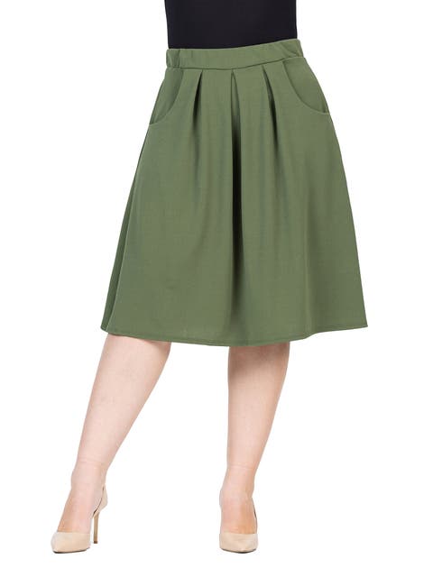 Elastic Waist Pleated Knee Length Pocket Skirt