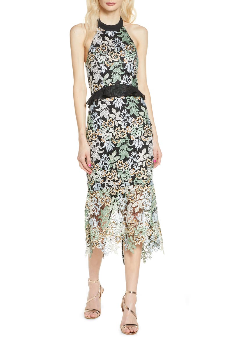 Jaelana Halter Neck Lace Cocktail Dress, Main, color, BLACK