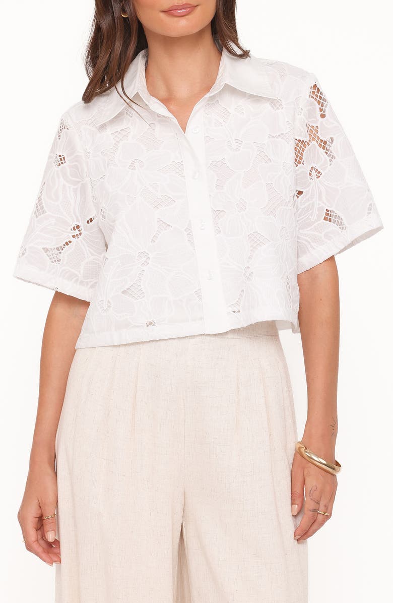 Petal & Pup Fidelma Floral Cutwork Embroidery Button-Up Shirt, Main, color, White