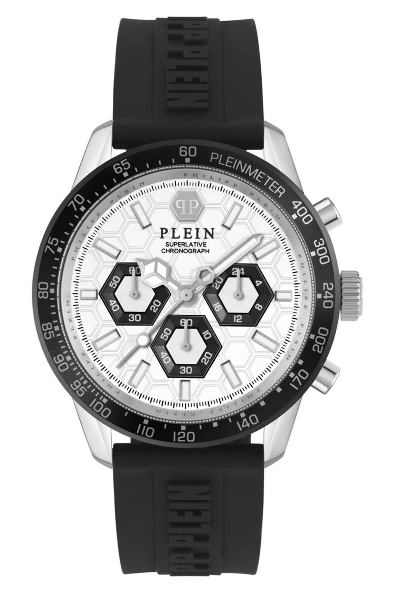Pleinmeter Chronograph Silicone Strap Watch, 44mm, Main, color, WHITE/ BLACK