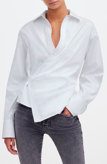Asymmetrical Button-Up Shirt with Tailored Waist and Classic Collar - White main image 1