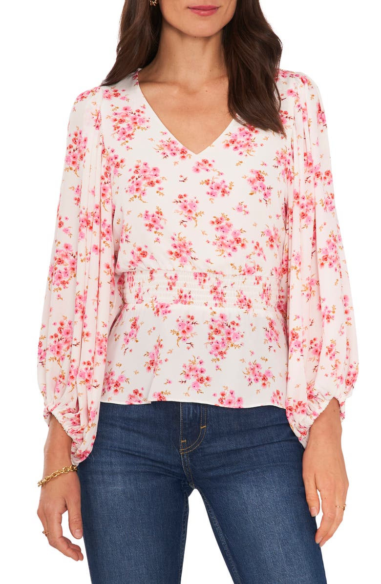 Vince Camuto Romantic Bloom Smocked Peplum Blouse, Main, color, 